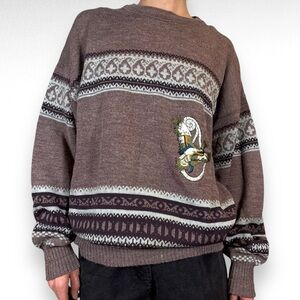 Vintage Wool Crewneck Sweater Purple White Embroidered Fisherman Grandpa Sz XL